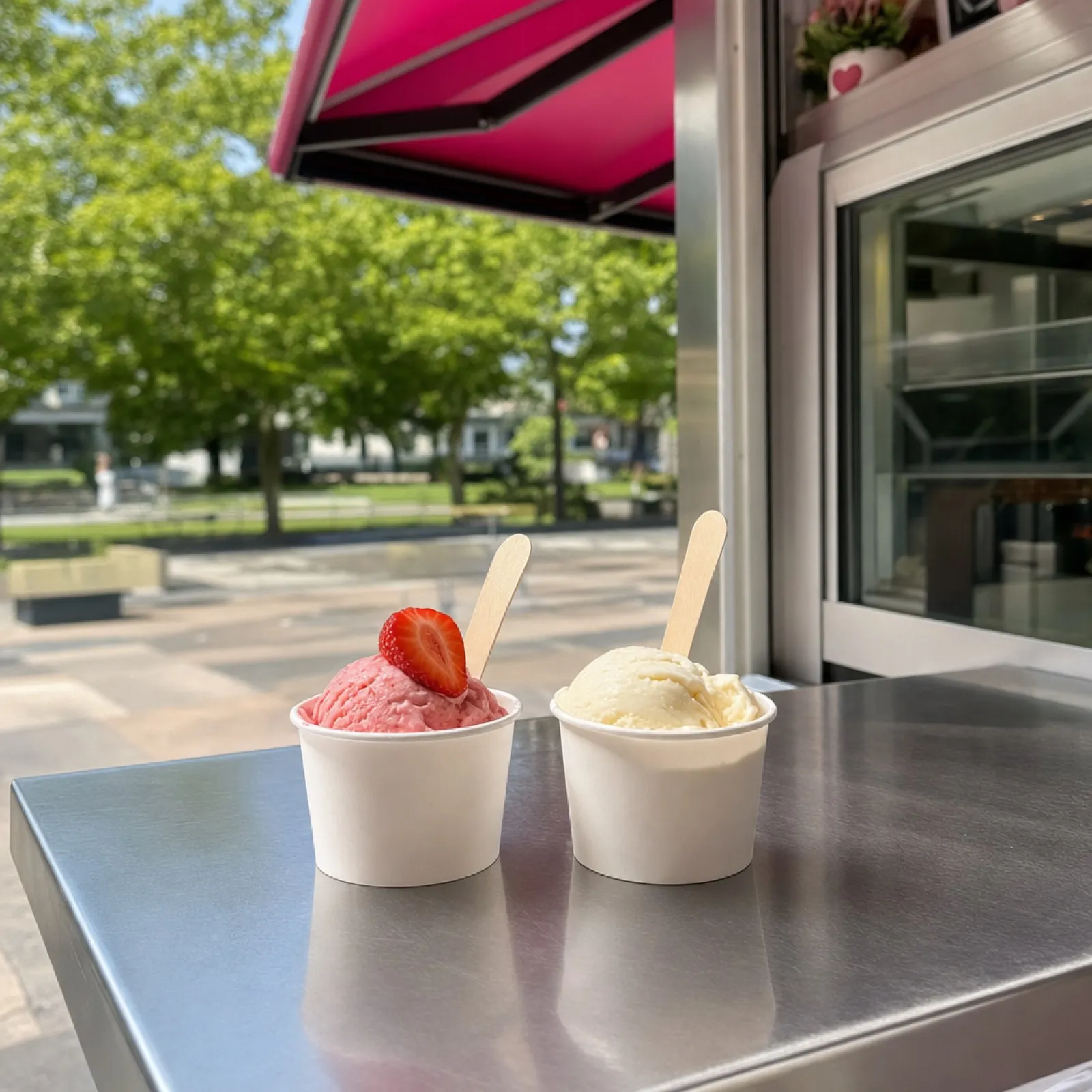 Kleine Paola-Eisbecher auf der Kiosk-Theke