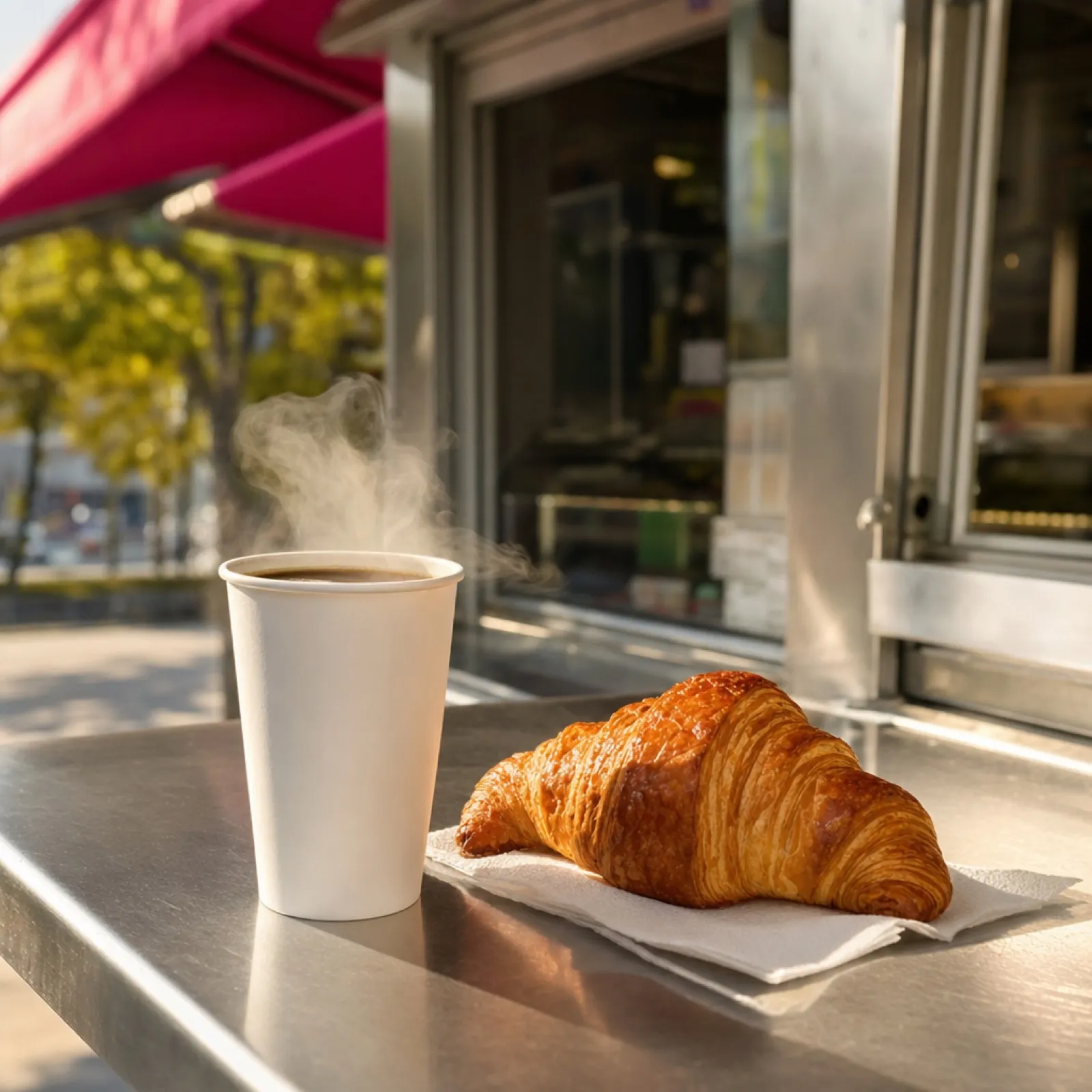 Kaffee to go und Croissant auf der Kiosk-Theke