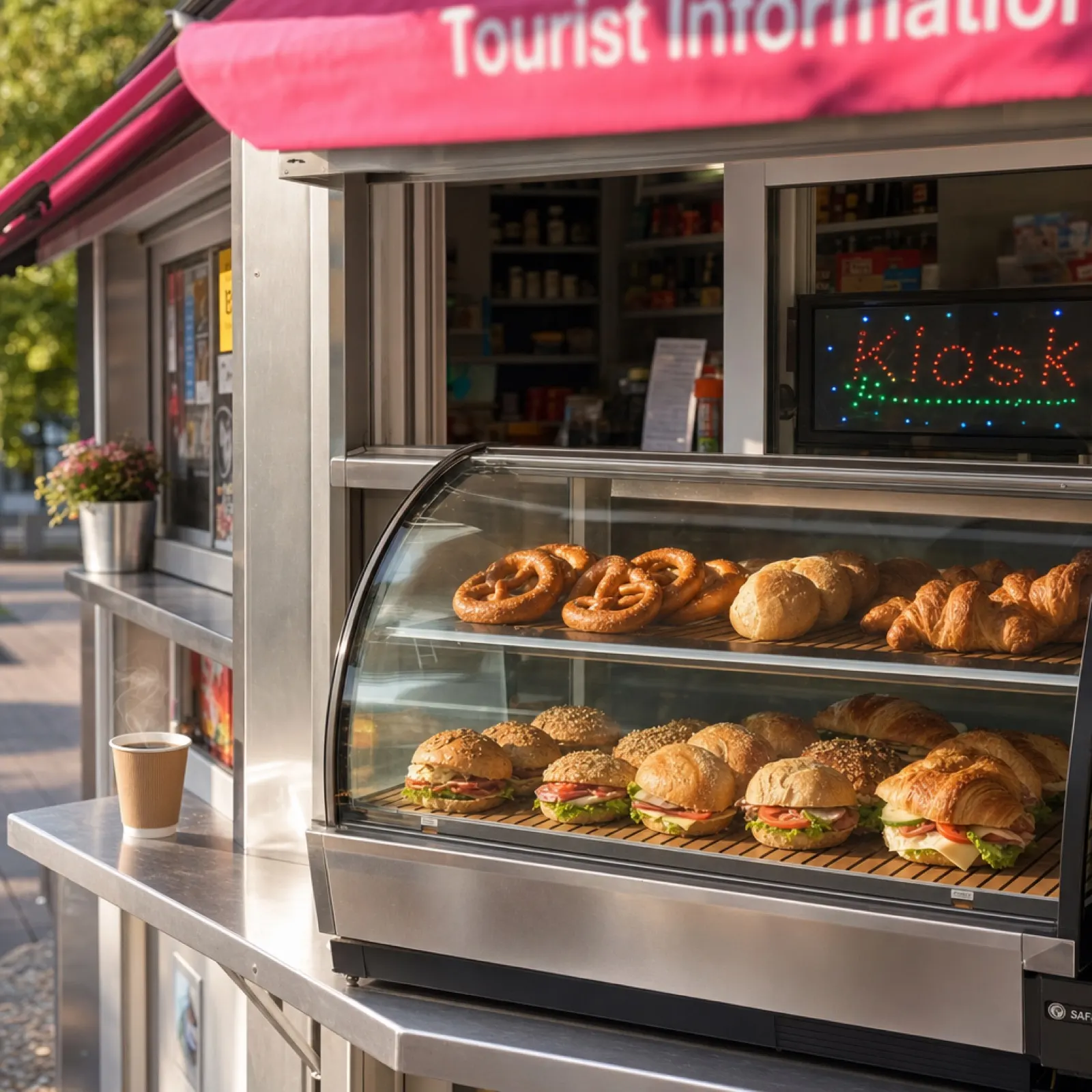 Vitrine mit frischen Brötchen, Brezeln und Croissants