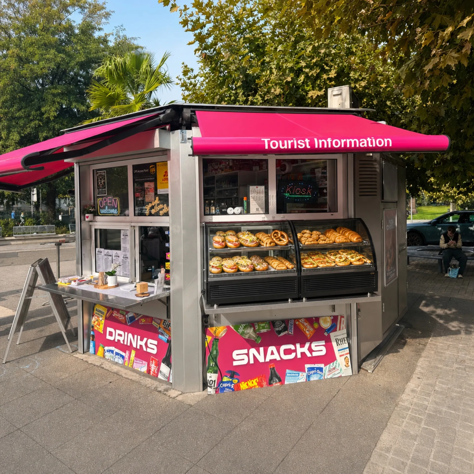 Der Kiosk am Bismarckplatz bei Tag mit voller Vitrine