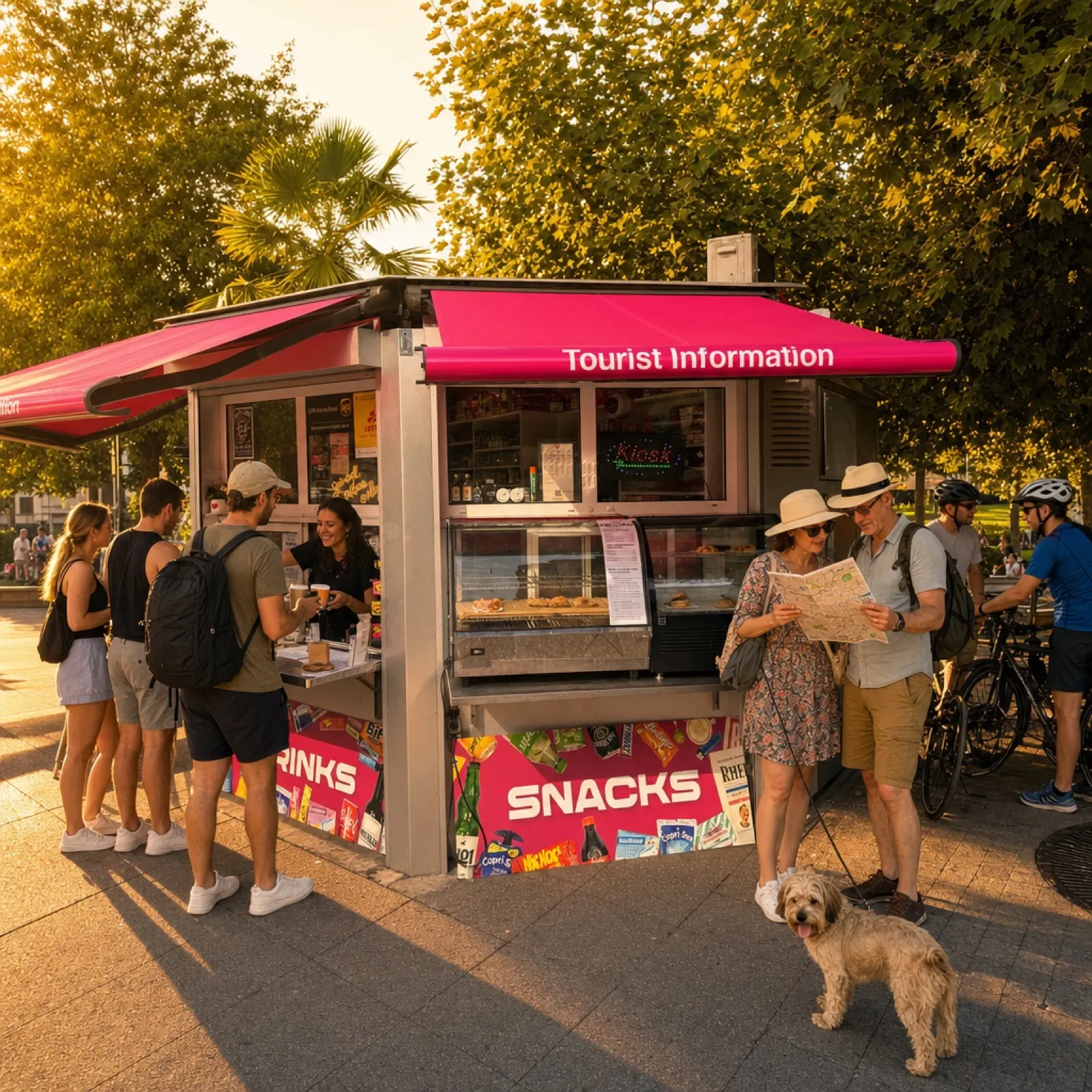 Der Kiosk zur Golden Hour mit vielen Gästen
